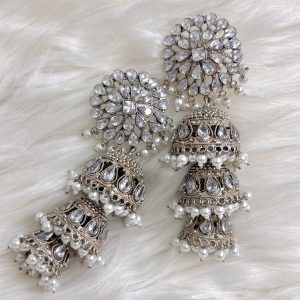 Silver oxidized AD Stone 3 Layer Jhumka