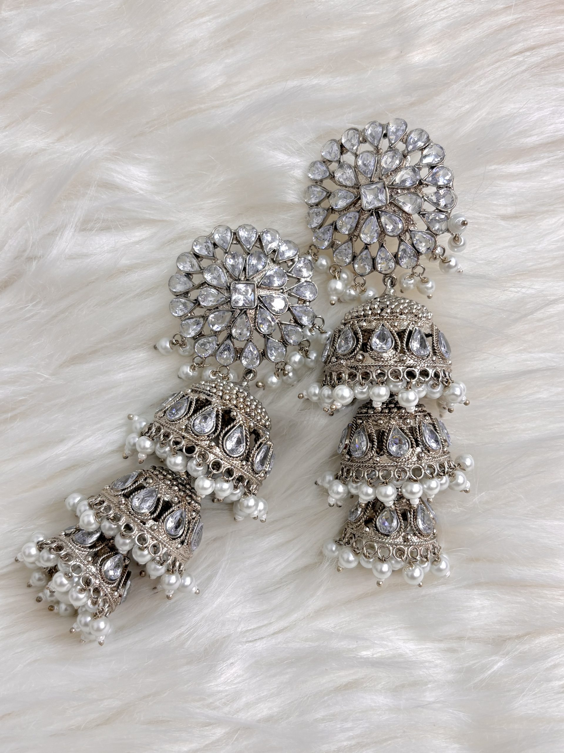 Silver oxidized AD Stone 3 Layer Jhumka